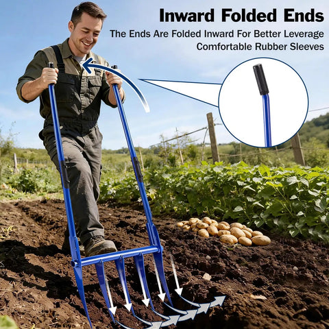 Man using Heavy Duty Broadfork 56 Inch Garden Tool with unbreakable build and five 11 inch cambered tines, blue finish, in a field.