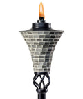 Easy Pour Mosaic Torch For Outdoor Vibes, gray ceramic tile torch, 62 inch tall, close-up view, flame lit, black steel holder.
