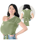 Parent wearing green D Lite Baby Wrap Carrier Ring Sling for newborn to toddler with easy adjust ergonomic comfort and breathable fabric.