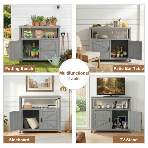 Wooden Patio Bar Table With Storage And Cedar Outdoor Buffet Cabinet in use as potting bench, bar table, sideboard, TV stand