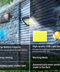 Two Pack Flood Lights Outdoor With Motion Sensor, Waterproof LED Sun Powered, mounted on stone and wood wall showing solar panels