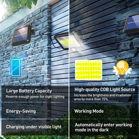Two Pack Flood Lights Outdoor With Motion Sensor, Waterproof LED Sun Powered, mounted on stone and wood wall showing solar panels
