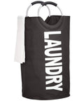 Round Fabric Laundry Basket Hamper With Aluminum Handle Lightweight Black Laundry Bin For Dorms And Apartments with white towel