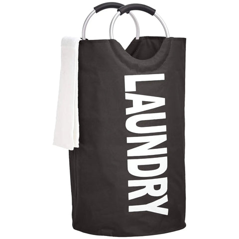 Round Fabric Laundry Basket Hamper With Aluminum Handle Lightweight Black Laundry Bin For Dorms And Apartments with white towel