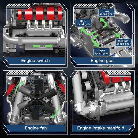 V8 Engine Model Kit For Adults With 1169 Pieces STEM Building Set, Working Transmission, Realistic Blade Rotation, And 4 Speed Gear System For True Gearhead Drivetrain Practice, engine gear detail