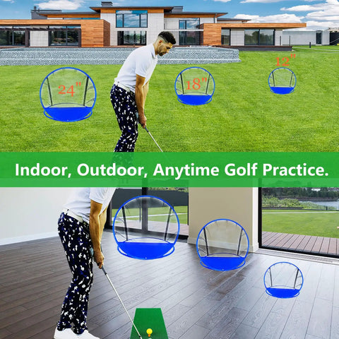 Man practicing golf with Portable Pop Up Golf Chipping Net With Carry Bag For Indoor And Outdoor Practice in backyard and indoors.