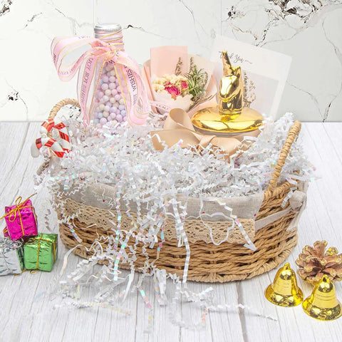 Festive basket with crinkle cut paper shred filler for gift boxes and bags diamond white 4.5oz totally boosts gift presentation