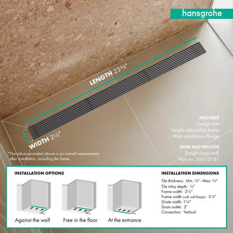 Sleek Brushed Stainless Steel Linear Shower Drain With Height Adjustable Frame Heavy Duty Rectangle Floor Grate shown installed in shower.