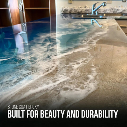 One Gallon Epoxy Resin Kit For Countertops And Bar Tops Delivers A Hella Glossy Shine on a colorful countertop surface.