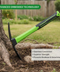 Double Sided Pick Axe For Digging 16 Point 9 Inch Mattock With Non Slip Handle Beefy Heavy Duty Garden Hoe inserted in soil