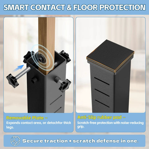 Adjustable Dorm Bed Risers Heavy Duty Steel Frame Built Different For Superb Stability with anti-slip pads and removable plate.
