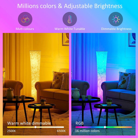 52 Inch RGB Color Changing Floor Lamp With Adjustable Brightness And Color Temperature in living room, showing warm and cool lighting options