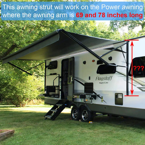 Heavy Duty RV Awning Gas Struts For Power Awnings With 69 To 78 Inch Arm on an extended retractable awning attached to an RV