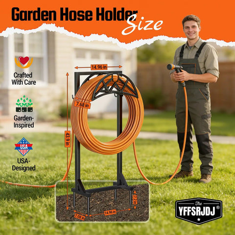 Beefy Heavy Duty Metal Hose Holder With Freestanding Stand And Stable Triangular Base No Wobble Includes 2 Tool Hooks For Outdoor Yard And Lawn Storage Holds Up To 150 Feet Of Hose shown with dimensions and person holding hose in garden.