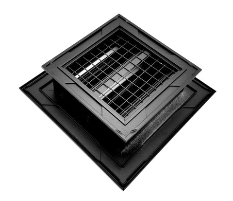20x20 Aluminum Exterior Gable Louver Vent For Walls And Crawlspace, Weatherproof black air grille with screen mesh, top view