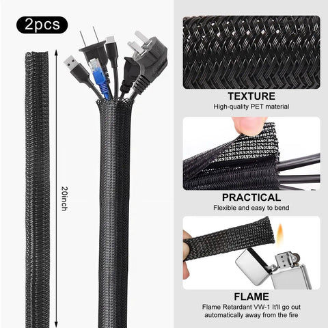 137 Piece Cable Management Kit With 2 Durable Sleeves showing texture, flexibility, and flame retardant features, 20 inches