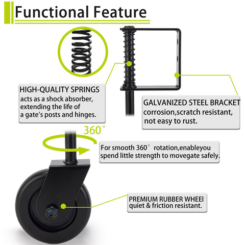 Heavy Duty Gate Wheel Caster With Spring Loaded Mechanism, featuring rubber wheel, galvanized steel bracket, and 360 degree swivel.