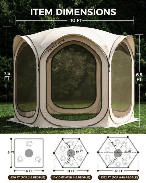 10x10 Ft Pop Up Screen House Tent With Mesh Doors Portable Instant Screen Room Gazebo UV Shield Silver Coated Mesh Easy Setup For Patio Backyard Deck Camping Outdoor Comes With Carry Bag Beige
