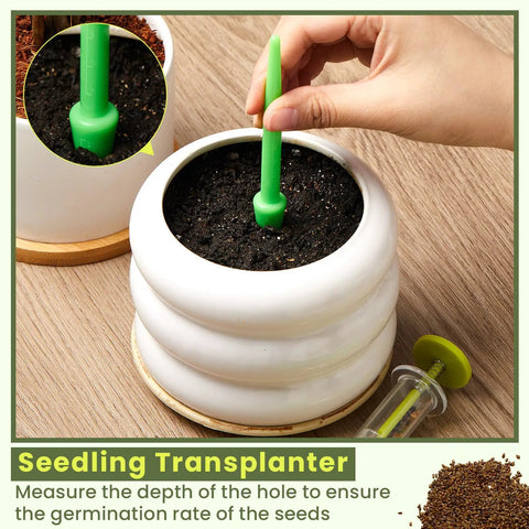 Person using the Six Piece Mini Seed Dispenser Kit With Two Transplanting Tools And Seed Planter in fluorescent yellow for garden sowing.