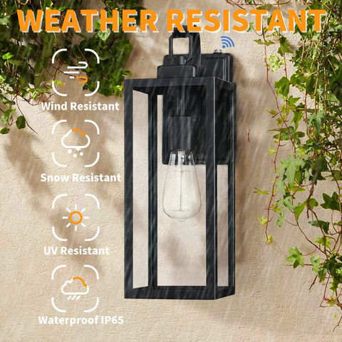 Large Outdoor Wall Light With Dusk To Dawn Sensor, Matte Black Fixture, Clear Glass Shade, showcasing weather resistance features
