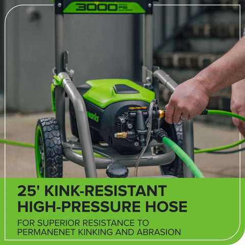 Close-up of Electric Pressure Washer 3000 PSI 2.0 GPM TruBrushless with 25 ft kink-resistant hose and foldable handle in use