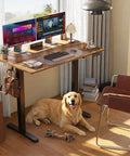 Claiks Electric Height Adjustable Standing Desk 40 By 24 Inches Rustic Brown with dual monitors and golden retriever beside it.