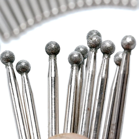 Close-up of 30 Piece Ball Shape Diamond Burr Set For Rotary Tools with ball-shaped grinding heads for precise shaping and cutting.
