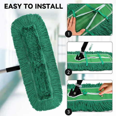 Top Shelf 48 Inch Green Dust Mop Heads 3 Pack Heavy Duty Washable Microfiber Floor Sweepers For Cafes And Stores, Sweep Up Dust Without Breaking A Sweat. Installation steps for green microfiber mop heads.