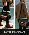 Plug In Electric Portable Cooler And 12V Car Fridge 14 Quart Capacity Soft Sided Travel Bag For Camping And Road Trips Keeps Your Grub And Drinks Ice Cold Zero Hassle Required Extra Pockets Plus Folds Flat being carried by a person by the lake.