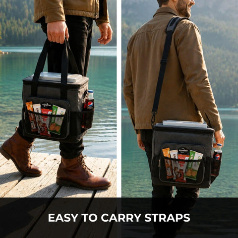 Plug In Electric Portable Cooler And 12V Car Fridge 14 Quart Capacity Soft Sided Travel Bag For Camping And Road Trips Keeps Your Grub And Drinks Ice Cold Zero Hassle Required Extra Pockets Plus Folds Flat being carried by a person by the lake.