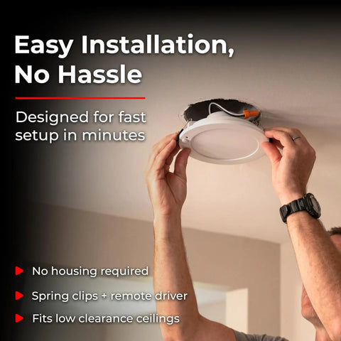 6 Inch Canless Recessed LED Wafer Light With Motion Sensor installed in ceiling with spring clips and remote driver