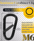 Image showing dimensions and features of a black 2.36 Inch Heavy Duty Aluminum D Carabiner Clip, highlighting corrosion resistance.