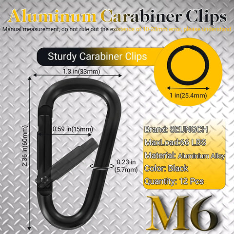 Image showing dimensions and features of a black 2.36 Inch Heavy Duty Aluminum D Carabiner Clip, highlighting corrosion resistance.