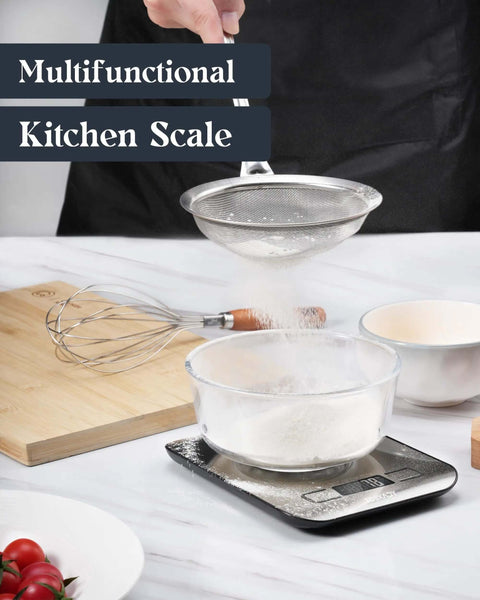 All In One 11 Pound Digital Kitchen Scale With Six Unit Modes in use for baking, compact stainless steel design on a kitchen counter