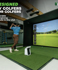 Golfer using simulator with 4x9 Golf Mat With 2 3/8 Inch Thick Construction, Game Ready Feel, Dual Stance Hitting Strip, XL Softy Zone