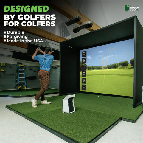 Golfer using simulator with 4x9 Golf Mat With 2 3/8 Inch Thick Construction, Game Ready Feel, Dual Stance Hitting Strip, XL Softy Zone