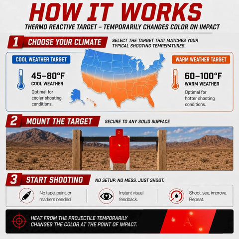 Infographic explaining usage of the Half Size Self Healing Silhouette Reactive Shooting Target for Indoor and Outdoor Practice