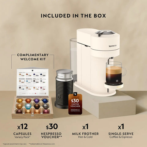 Vertuo Next Premium Coffee And Espresso Maker With Aeroccino Milk Frother From Breville In Creamy White And Dark Chrome Finish