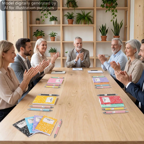 Meeting room with 24 Pack Mini Journal Notebooks With Ballpoint Pen on table, ideal for Back To School And Office Supplies.