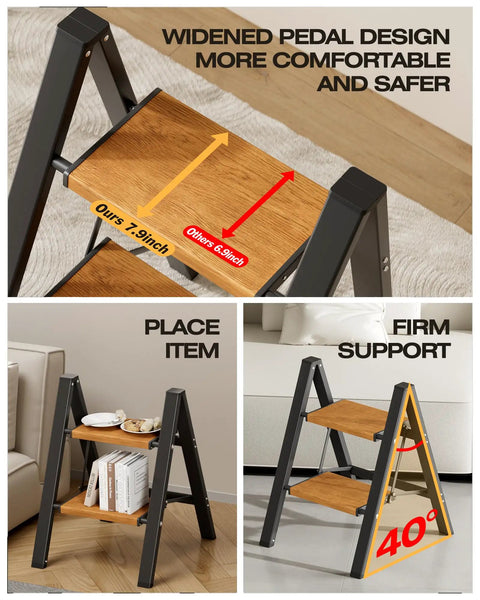 Two Step Foldable Aluminum Stool With Slim Black Woodgrain Finish For Indoor Tasks Handy Lightweight Workhorse For Tight Closets And Behind Furniture Easy Compact Storage, 2-step foldable stool with woodgrain steps and black aluminum frame