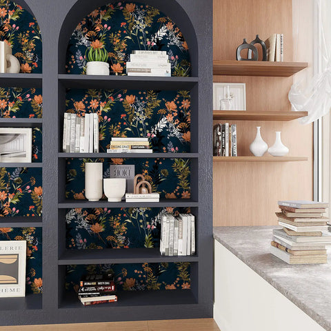 Built-in bookshelf with Midnight Blue Meadow Floral Peel And Stick Wallpaper For Cabinets Shelves Drawers And Walls Removable Vinyl