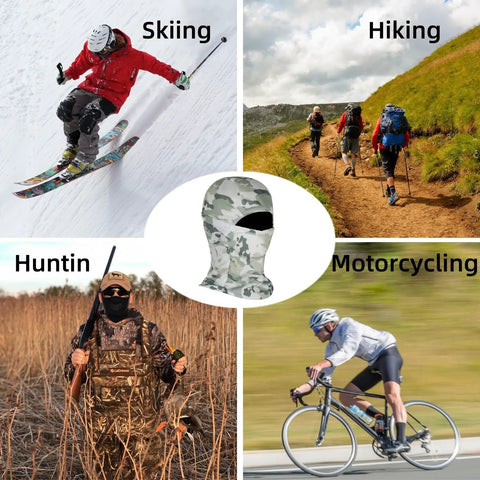 Collage of skiing, hiking, hunting, motorcycling with camo balaclava. Balaclava Ski Mask For Riding And Outdoor Sports With UV Sun Protection Wind And Sand Blocking Breathable All Day Comfort Moisture Wicking Quick Dry Fabric Multi Color Options For Hiking Mountaineering Tactical Use in center of image.