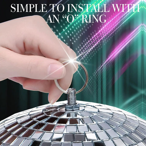 Hand installing O-ring on 6 inch mirror ball from 17 Piece Disco Ball Decor Set With 6 Inch, 3 Inch, And 2 Inch Silver Hanging Mirror Balls
