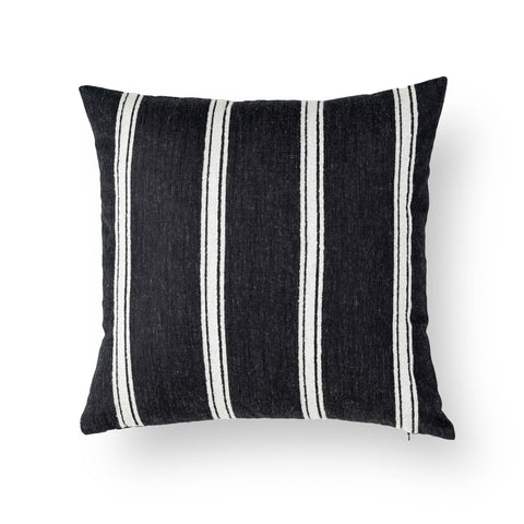 Modern Farmhouse Fall Linen Throw Pillow Cover 20x20 In Outdoor Indoor Water Repellent Reversible Black With White Embroidered Stripes Invisible Zipper Cozy Patio Couch Decor, front view