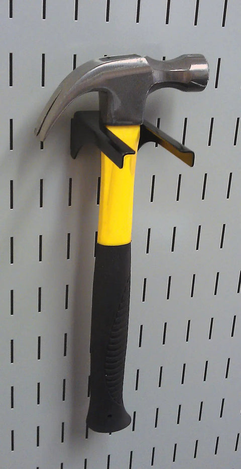 Black Metal Pegboard Hook For Tool Board With One And A Quarter Inch Handle Four Inch Deep And Thirty Five Pound Capacity Heavy Duty Rust Resistant Finish Secure Tool Board Engagement For Garage Organization holding a hammer