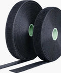 Heavy Duty Sew On Hook And Loop Tape With Rock Solid Grip For Clothes Gear And Crafting, two black nylon rolls.