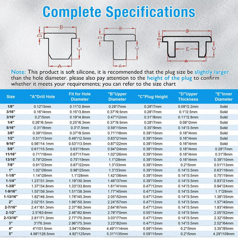 Specification chart for set of 6 white silicone rubber plugs for 30 to 31 mm round holes with dimensions and fit details.