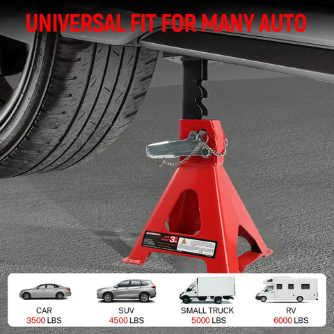 Beefed Up 3 Ton Jack Stands With Adjustable Height 11.02 To 16.93 Inches, supporting a vehicle, shown on pavement