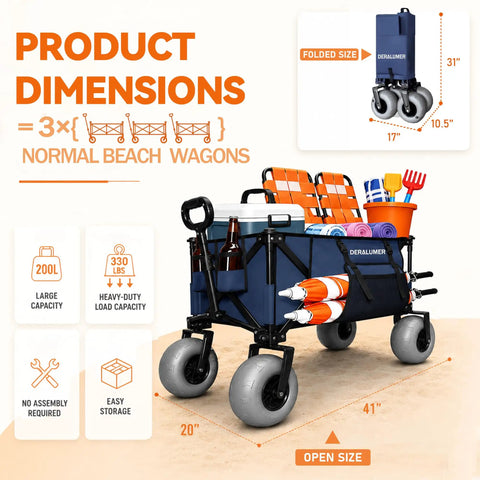 Heavy Duty Beach Wagon With 9 Inch Balloon Wheels For Sand And All Terrain Surfaces with folded dimensions and high load capacity