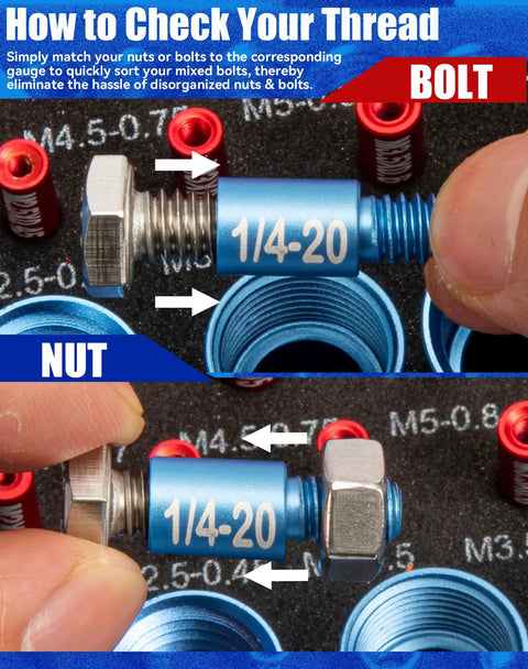 Close-up of 66 Piece Nut And Bolt Thread Checker With Detachable Size Finder In A Foam Storage Case, 34 Metric And 32 Standard Gauges